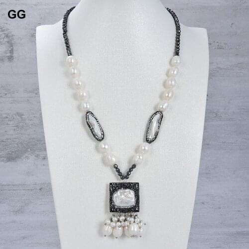GuaiGuai Jewelry 21" Freshwater White Rice Pearl Biwa Pearl Hematite Necklace Earrings Set