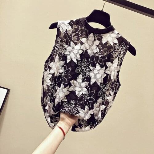 2021 Summer Elegant Sleeveless All-match Slim Chiffon Ladies Blouse Round Neck Straight Lace Pullover printing Clothes for Women