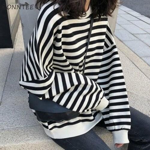 Hoodies Women Striped Loose Casual All-match Fashion Autumn O-Neck Long Sleeve Student Ladies Sweatshirts Korean Version Simple