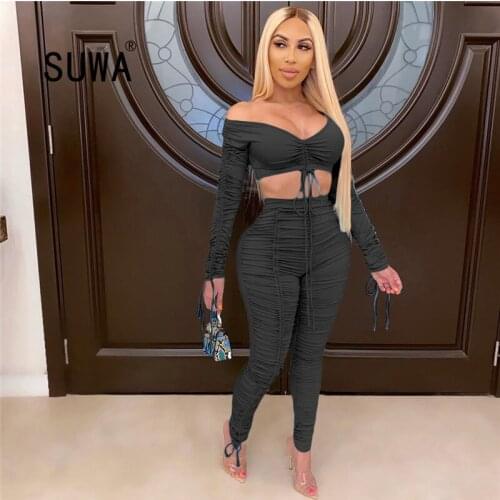 2020 new arrival sexy women autumn summer outfits skinny ruched legging pants high waisted stacked pant trousers