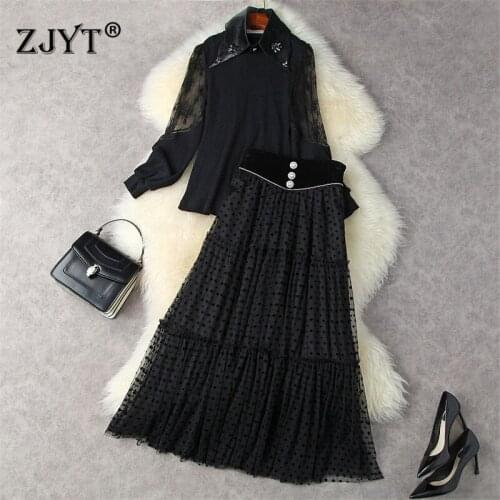 2021 Fall Winter Dress Suit Fashion Designers Removable Collar Knitted Top+High Waisted Long Mesh Skirt Two Piece Set Women