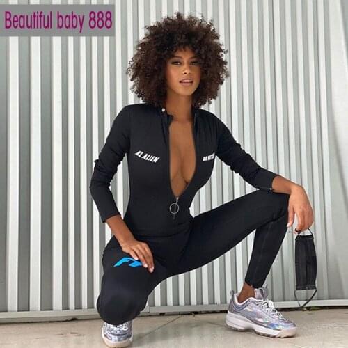 Meqeiss Fashion Fitness Long Sleeve Slim Jumpsuit Women Fall Elasticity High Tracksuit Zipper Letter Print Rompers Streetwear