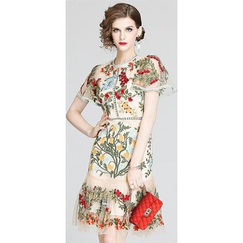 Gorgeous Flower Embroidery Hollow Out Slim Ruffles Dress Women Elegant Butterfly Sleeve O-Neck Party Summer Dress Mesh Vestidos
