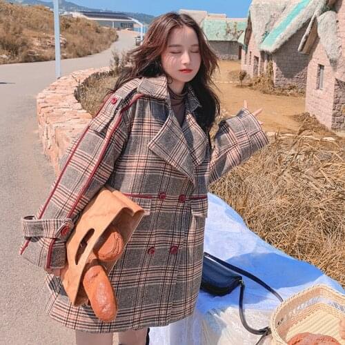 Female Lapel Coat Women Woolen Jacket 2021 Winter New Korean Fashion Loose Short Section Was Thin Retro Contrast Check Color