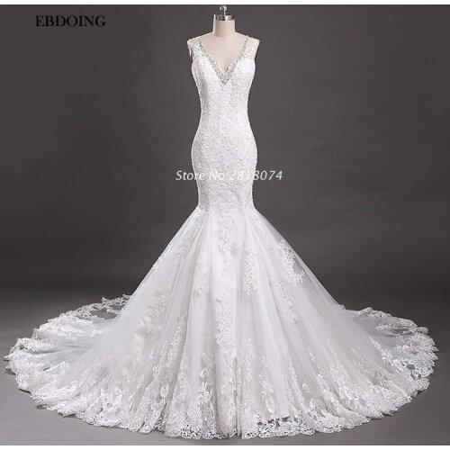 Real Photo Vestidos De Novia Wedding Dress Mermaid V-neck Neckline Robe De Mariage Lace Beaded Custom Made Bride Gown
