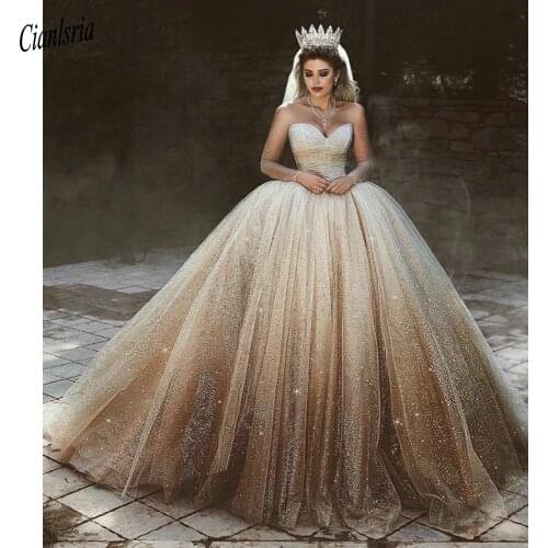 Gold Sparkly Crystal Tulle Illusion Dubai Saudi Arabic Ball Gown Wedding Dress Sweetheart Long Sleeve Bridal Gown