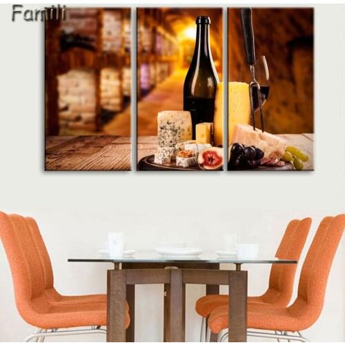 3Pcs Modern Still Life Wine Bottles Wall Art Painting Red Wine And Champagne With Glass Fruit And Barrel Picture for Kitchen