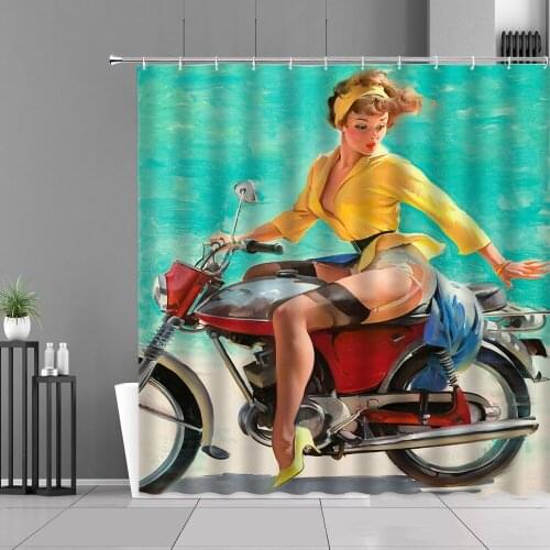 American Classic Girl Motorcycle Pattern Shower Curtains Sexy Woman Bathroom Curtain Home Decor Waterproof Bath Cloth Hooks Set