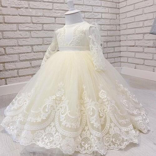 Ivory White Puffy Tulle Lace Flower Girl Dresses Long Sleeve Ball Gown Princess Dress Girl Wedding Party Dress Baby Baptism Gown