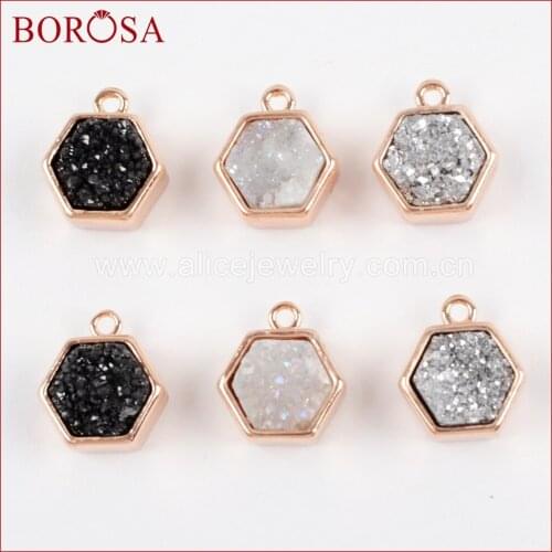 BOROSA Rose Gold Color Hexagon Bezel Natural Druzy Titanium Rainbow Charm Beads Drusy Pendant for Women Jewelry Making ZR0139