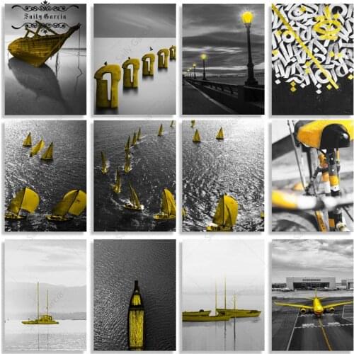 Black and White World Ocean Lake Canvas Painting Yellow Boat Street Light Bicycle Airplane Poster and Prints Home Wall Art Decor