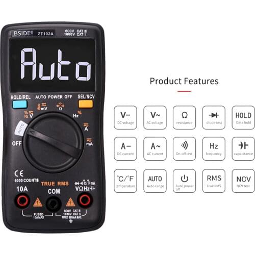BSIDE ZT102A EBTN LCD Digital Multimeter TRMS AC/DC Voltage Current Temp Ohm Frequency Diode Resistance Capacitance Tester