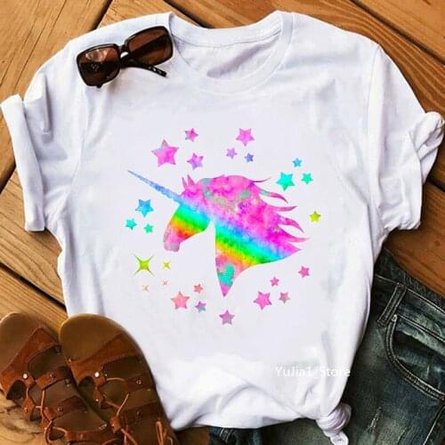Watercolor Rainbow Unicorn Star Print T-Shirt WomenS Clothing Funny White Tshirt Femme Tumblr Clothes Summer Style Fashion Tops