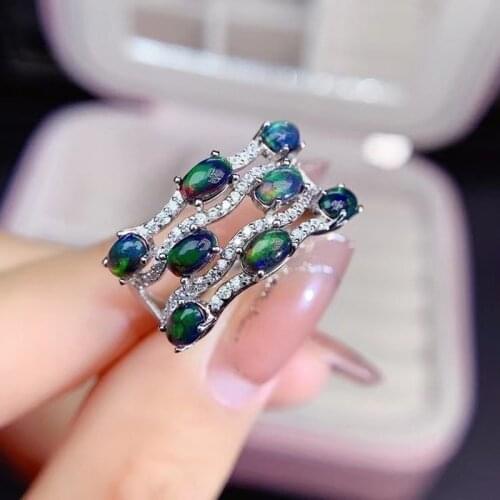 Simple Black Opal Ring Oval 3*5mm Natural Ethiopia Colorful Gemstone Fine Jewelry for Women Girls Daily Wear