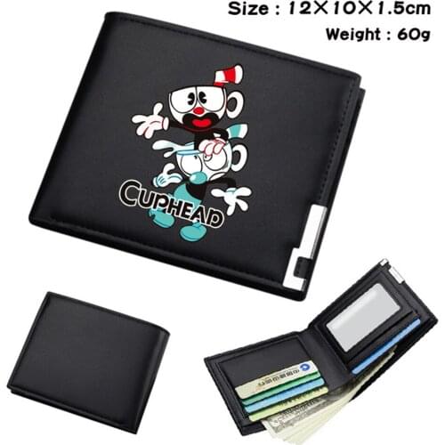 Anime Cuphead Short Wallet Otaku Bifold PU Purses Black Student Mens Womens Leather Wallets Photo Passcard Card Holder