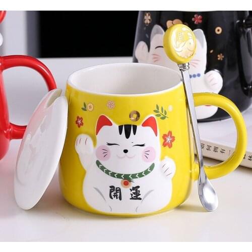 350ML Creative Lucky Cat Ceramic Mug Festive Style Tea Cup Couple Milk Breakfast Mugs with Lid Spoon Handle Korean Cute Cat Cups