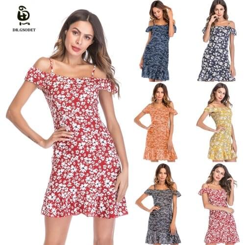 GSODET Summer Womens Dress 2021 Chiffon Floral Off-Shoulder One-Shoulder Strap Ruffle Dresses Casual Female Clothing New