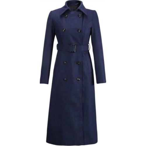 New arrival elegant double breasted woolen coat women slim waist ol long overcoat with belt