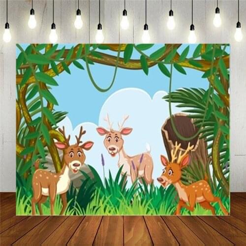 Photo Studio Props Photography Backdrop Deer In Jungle Scene Illustration Cartoon Vinyl Background Kids Birthday Decoration