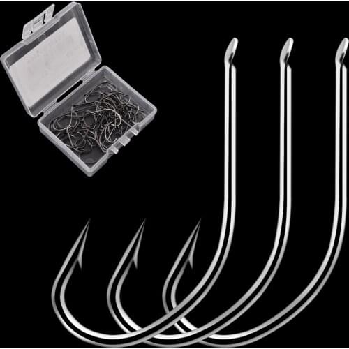 50PCS/ box 2-13# High Carbon Steel Fishing Hook Crooked Barbed Fishhook Black Flat Pond Carp Fishing Hooks Set tool tackle