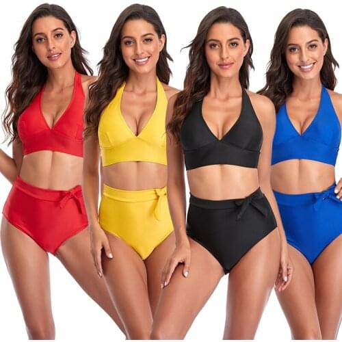 Sexy High Waist Bikini Set Halter Bathing Suit 2021 New Women Swimsuit Female Plus Size Bikini 3XL Bandage Solid Beach Swimwear