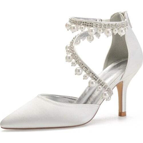 High Heels Satin Pearls Party Dress Shoes Women Pointed Toe Zipper Back Prom Evening Wedding Bridal Pumps