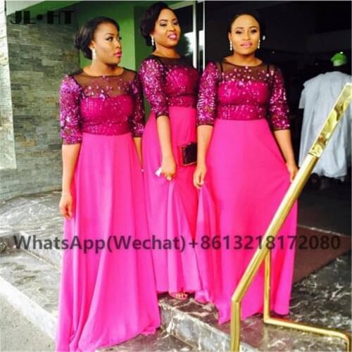 Nigerian 2021 Plus Size Fuchsia Bridesmaid Dress Long Beaded Half Sleeves Wedding Party Gown Chiffon African Bridesmaid Dresses