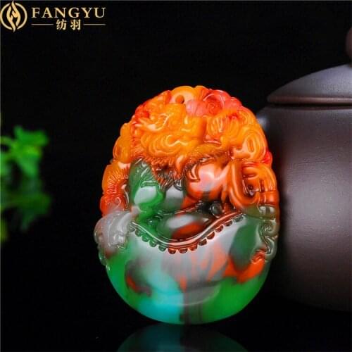 Outer Mongolian Colorful Jade carved Kirin Necklace Pendant +chain