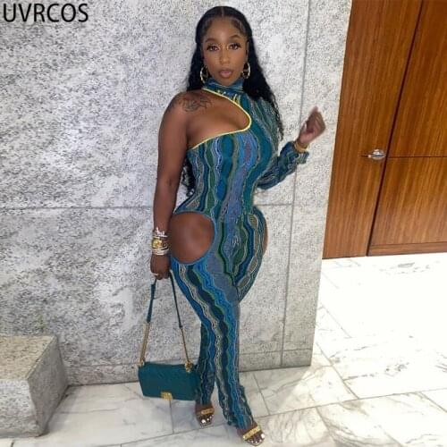 UVRCOS Rompers Womens Jumpsuit Striped Printing Side Cut Out One-Shoulder Sexy Nightclub Bodycon Contrast Stripes Long One Piece