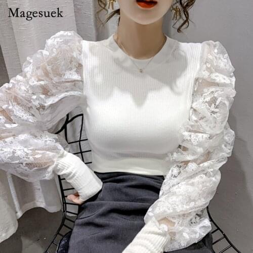 Women Lace Tops Shirts Knitted Blouse 2021 New Autumn Puff Long Sleeve Blouses Clothes Blusas Mujer Round Collar Shirt 15997