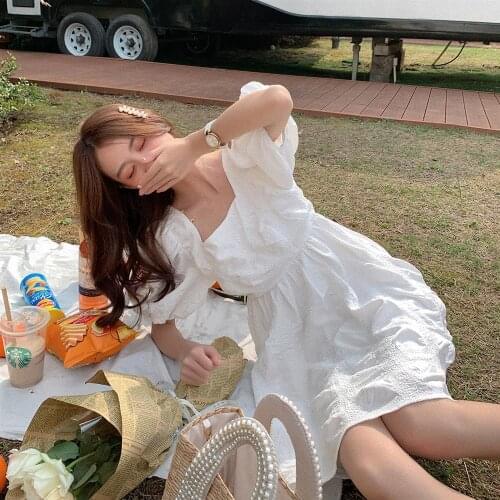 Dresses for Women Summer New Style White Puff Sleeve Dress Short Square Collar Vestido De Mujer