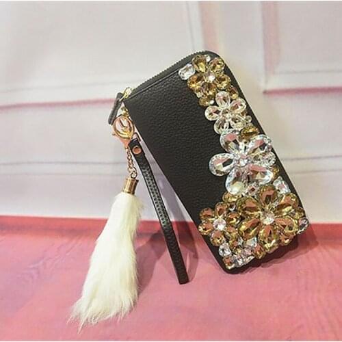 Women Wallet Crystal Totes Handbag Clutch Bags Black Luxury Flower Genuine Leather Wedding Purse Leather Card Holder Ladies Bags