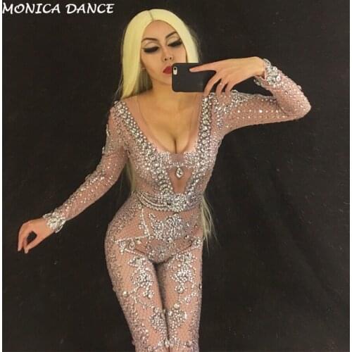 Women Sexy Stage Nightclub Jumpsuit Full of Sparkling Crystals Stones Sexy Bodusuit Nightclub Party Performance Stage Costume