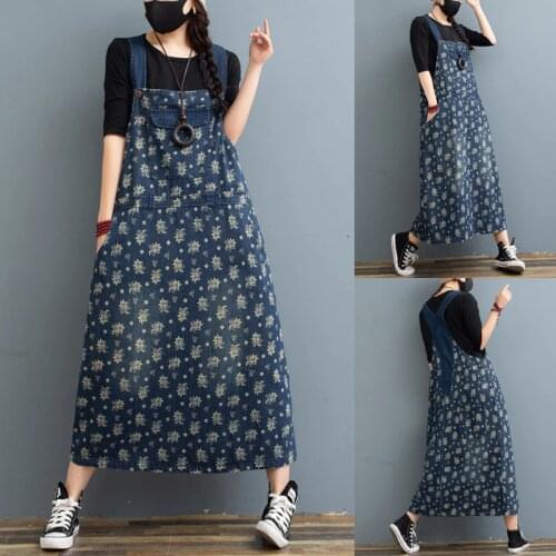 Printed Flower Denim Dress Women Maxi Baggy Suspenders A-Line Jean Dresses Casual Plus Size Bib Long cowboy Dress Vestidos