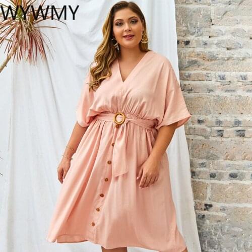WYWMY Pink Plus Size Dress Fashion Waistband Wrap Casual Dresses Elegant Office Women 2021 Summer Beach Short Sleeve Vestido XXL