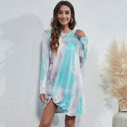 2021 Autumn Tie Dye Dress Women Long Sleeve T-shirt Dress Ladies O-neck Gradient Loose T Shirt Dress For Women
