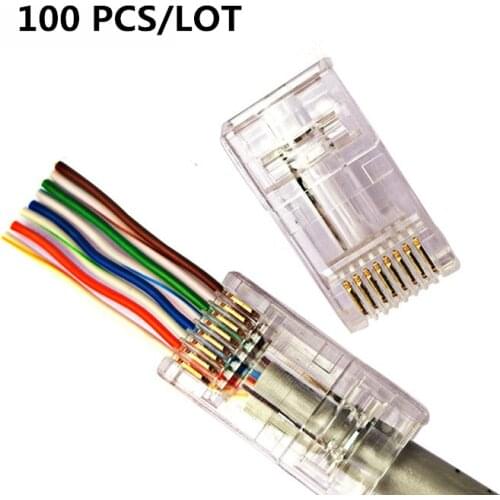 Wholesale 100PCS RJ45 CAT5 non Shielded Through hole Modular Cable Head Plug Ethernet Gold Plated Network Connector