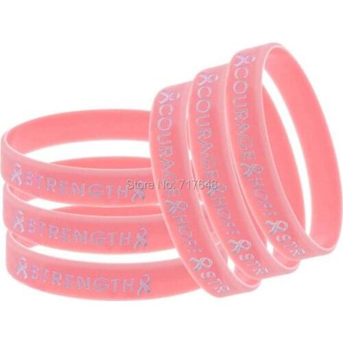100pcs Reast Cancer Awareness Hope Faith Courage Strength Pink wristband silicone bracelets free shipping by ePacket A