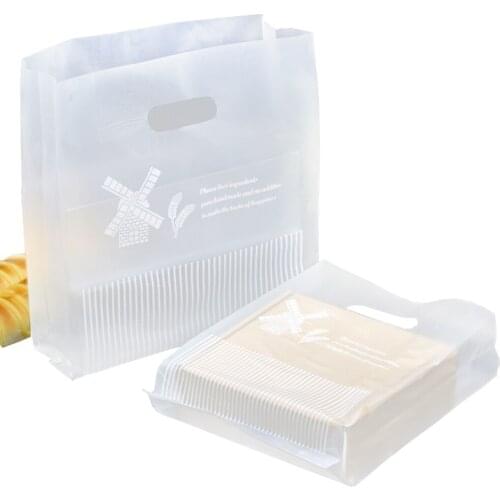 500Pcs/lot Matte Clear Plastic Packaging Bag with Handle Windmill Printed Bread Grocery Snack Take-Out Packing Bag