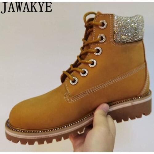 Round toe Lace up Martin Boots Inlaid Rhinestone Design Ankle Boots Flat Shoes Woman Winter Hot Sale Luxury Brand Botas de mujer