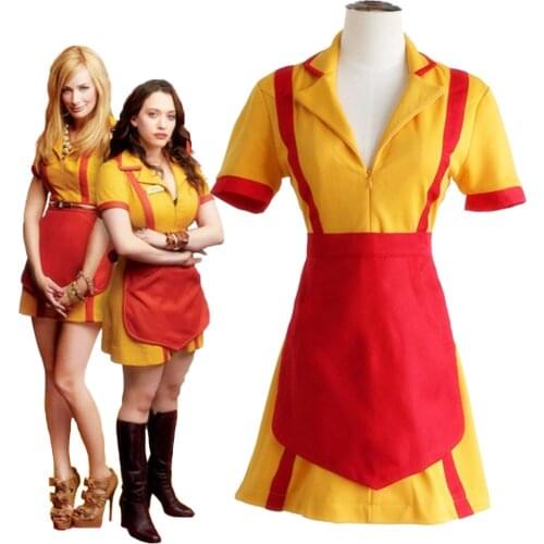 Movie 2 Broke Girls Max Caroline Caroline Cosplay Costume Women Halloween Party Short Sleeve Yellow Apron Dress