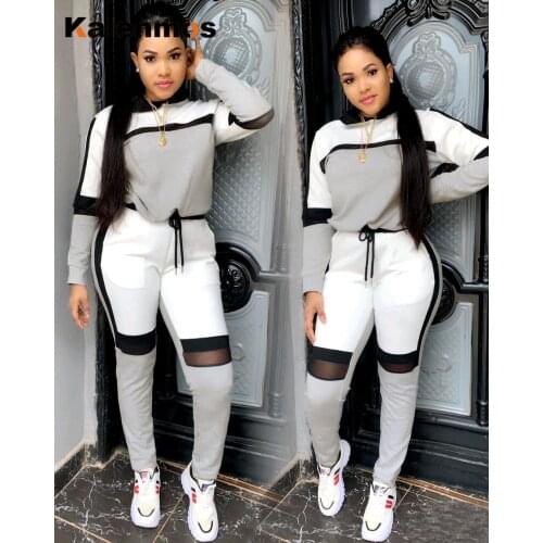 Kalenmos Tracksuit Women Sets 2 Piece Autumn Mesh Sports Jogger Zip Print Long Sleeve Hooded Sweatshirt Casual Trouser Suit Set