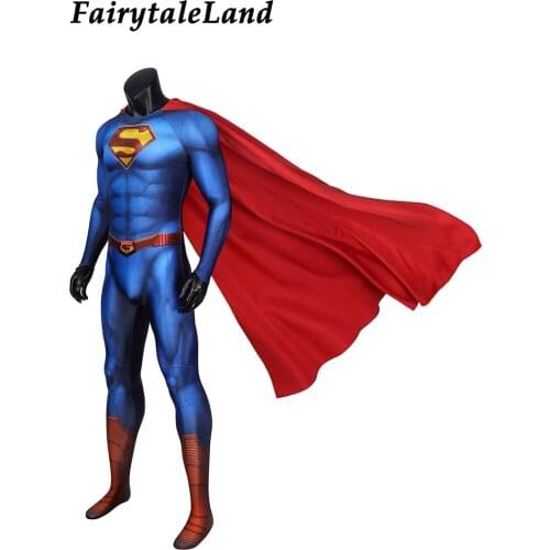Superhero Clark Jumpsuit with Soles Kent and Lois Costume Adult Man Halloween Cosplay Hero Outfit Blue Printing Zentai Red Cape