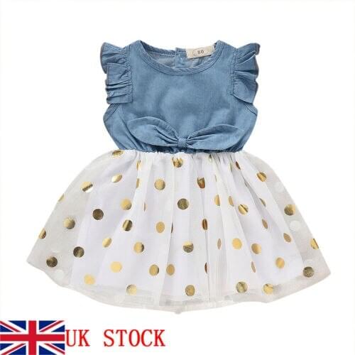Pudcoco Summer Toddler Girl Dress Princess Floral Off Shoulder Sleeveless Denim Dress Dot Print Lace Tulle Sundress US