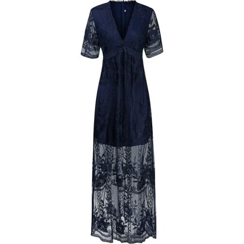 Fashion high waist V-neck lace embroidered short sleeve pink dress Women new vacation seaside beach long party dress Vestidos