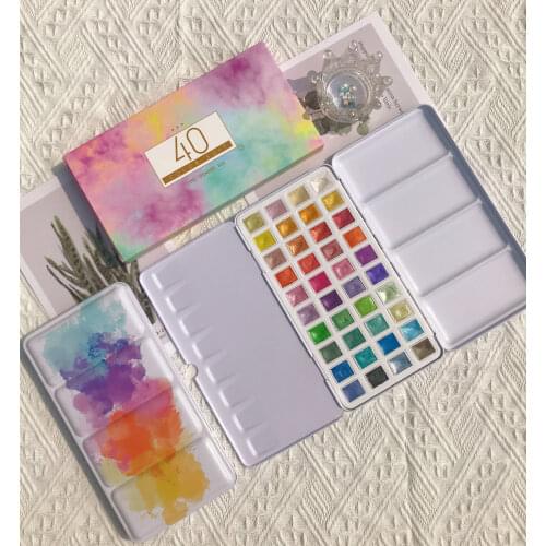 40 Color Pearlescent Solid Watercolor Pigment Iron Box Set Professional Art Tools for Children, Students and Beginners