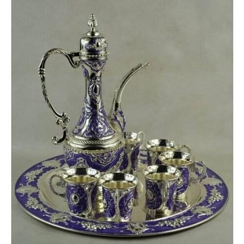 Sets Handwork Tibet Silver Carving 1Tea Pot & 6 Wine Cup 1 Plate big flagon Decoration real Tibetan Silver Brass