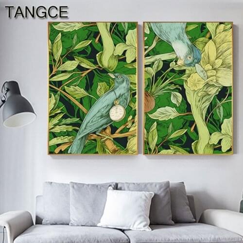Nordic Style Green Bird Leaf Tree Canvas Painting Abstract Plant Wall Art Picture for Living Room Aisle Modern Print and Poster