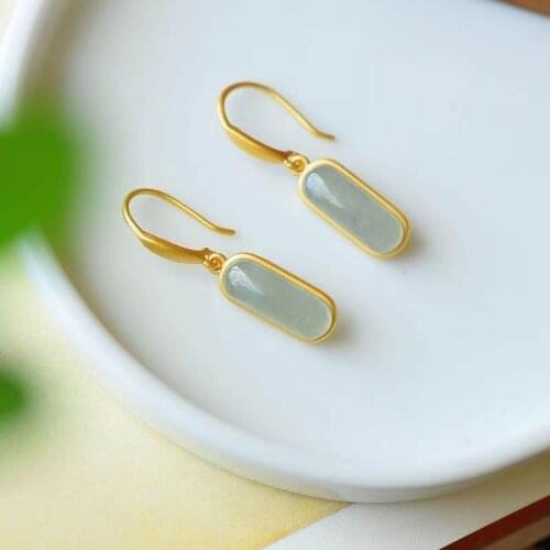Natural Hetian Jade Green Jade One-Line Jade Earrings S925 Sterling Silver Jade Exquisite Earrings Palace Ornament for Women