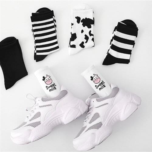 New Arrivals Cow Printed Sock Lovely Harajuku Japanese Style Cotton Women Socks Striped Solid Breathable Casual Cartoon Socks